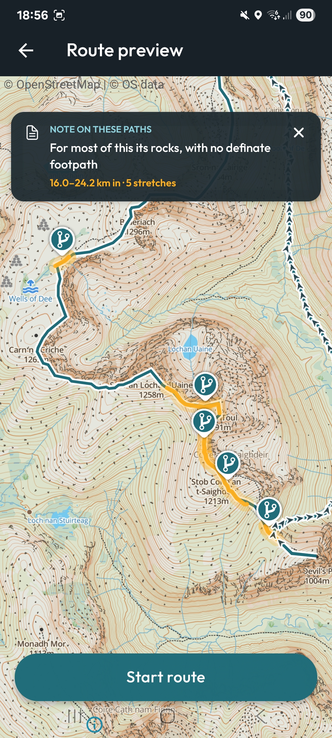 Route detail with elevation profile and trip totals